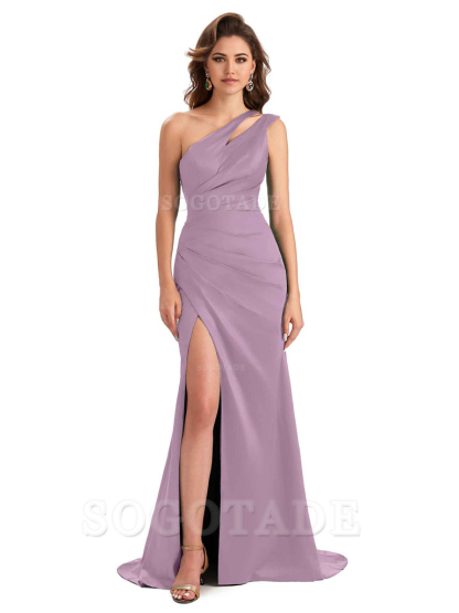 Mermaid One Shoulder Satin Sexy formal dresses evening gown Bridesmaid Dresses With Side Slit 