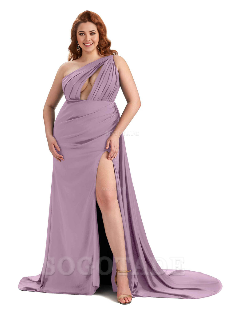 One Shoulder Sleeveless Sexy Side Slit Mermaid Soft Satin Long Plus Size Bridesmaid Dresses Online