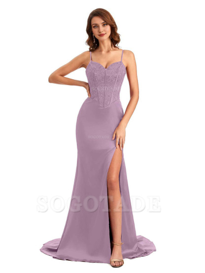 Sexy Side Slit Mermaid Silky Satin V-Neck Lace Unique Long Bridesmaid Dresses