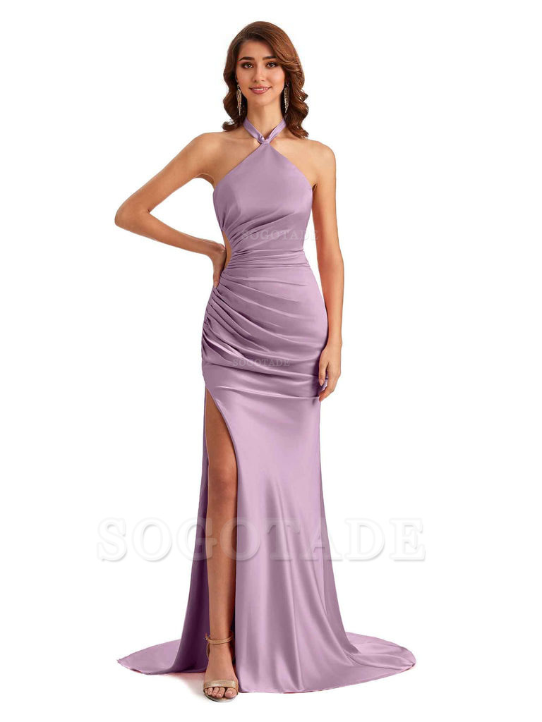 Sexy Halter Mermaid Silky Satin Unique Long Formal Wedding Guest Dresses