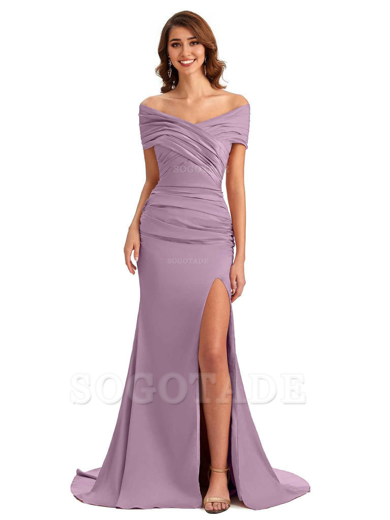 Sexy Off The Shoulder Side Slit Mermaid Satin Unique Long Formal Wedding Guest Dresses