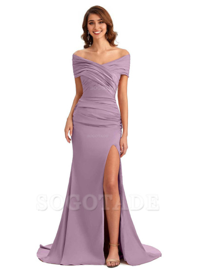Sexy Off The Shoulder Side Slit Mermaid Satin Unique Long Formal Wedding Guest Dresses