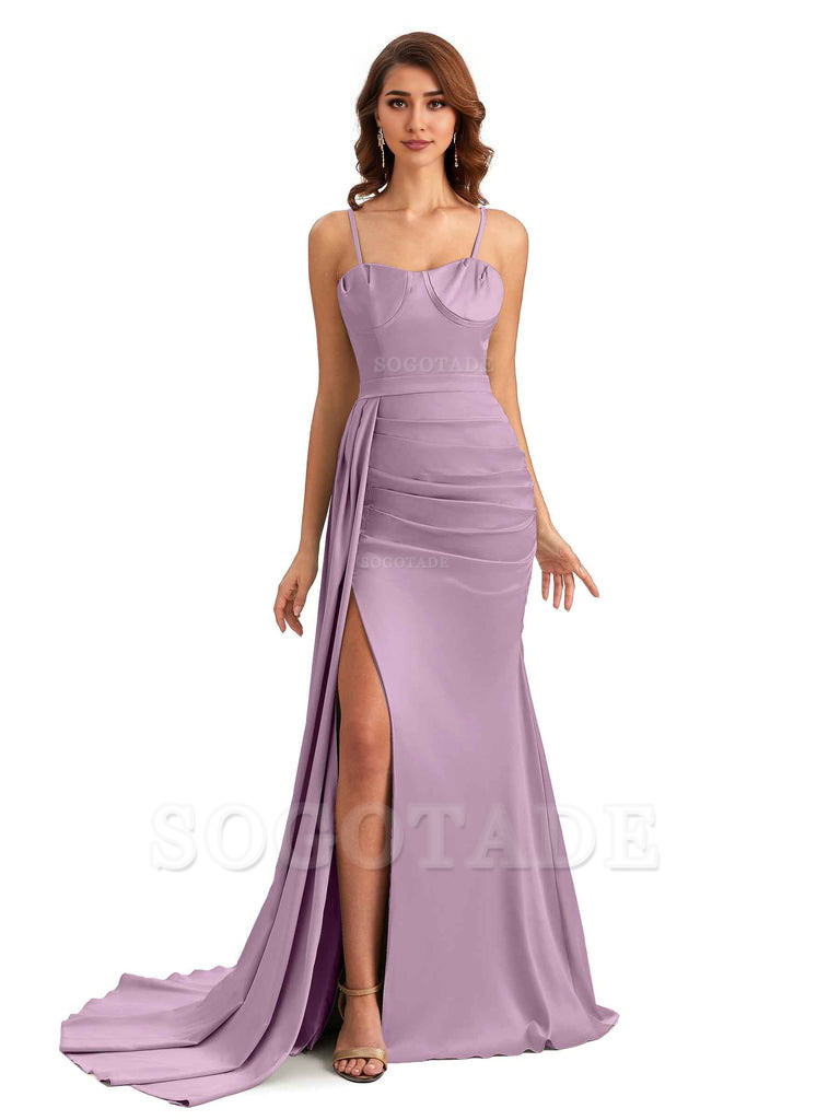 Sexy Spaghetti Straps Side Slit Mermaid Unique Long Bridesmaid Dresses In Satin
