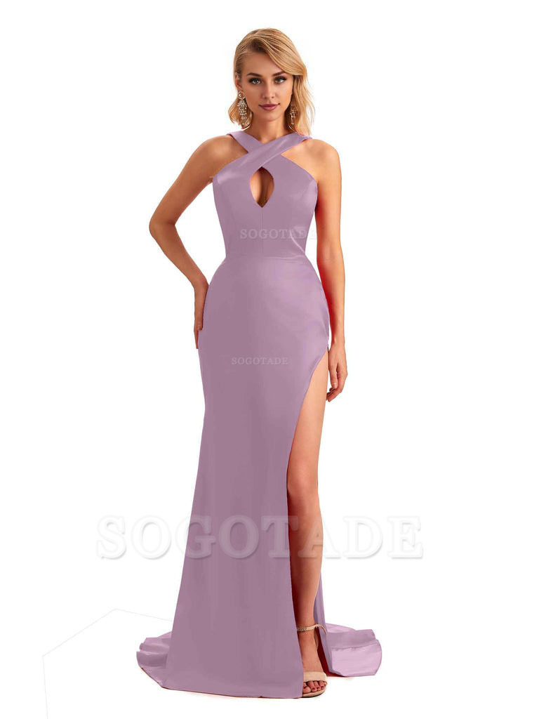 Sexy Side Slit Halter Mermaid Silky Satin Unique Long Formal Wedding Bridesmaid Dresses