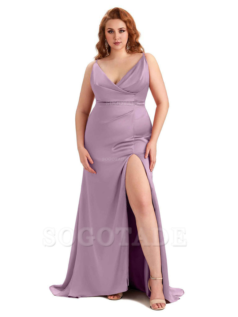 Sexy Side Slit Spaghetti Straps Mermaid Soft Satin Fashion Bridesmaid Dresses