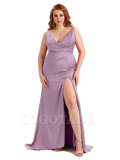 Sexy Side Slit Spaghetti Straps Mermaid Soft Satin Fashion Bridesmaid Dresses
