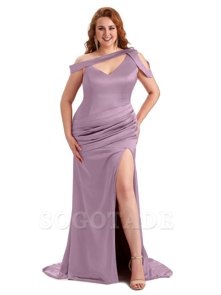 Sexy V-Neck Side Slit Unique Mermaid Soft Satin Long Plus Size Bridesmaid Dress For Wedding