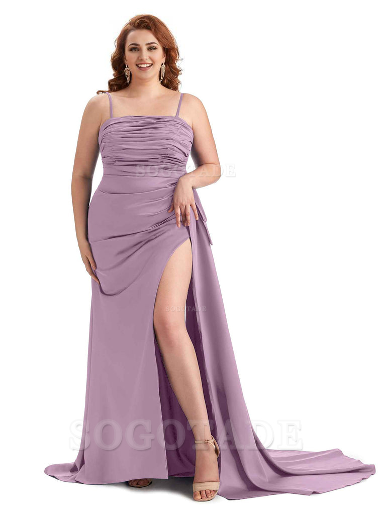 Sexy Side Slit Spaghetti Straps Mermaid Soft Satin Long Plus Size Bridesmaid Dresses Online