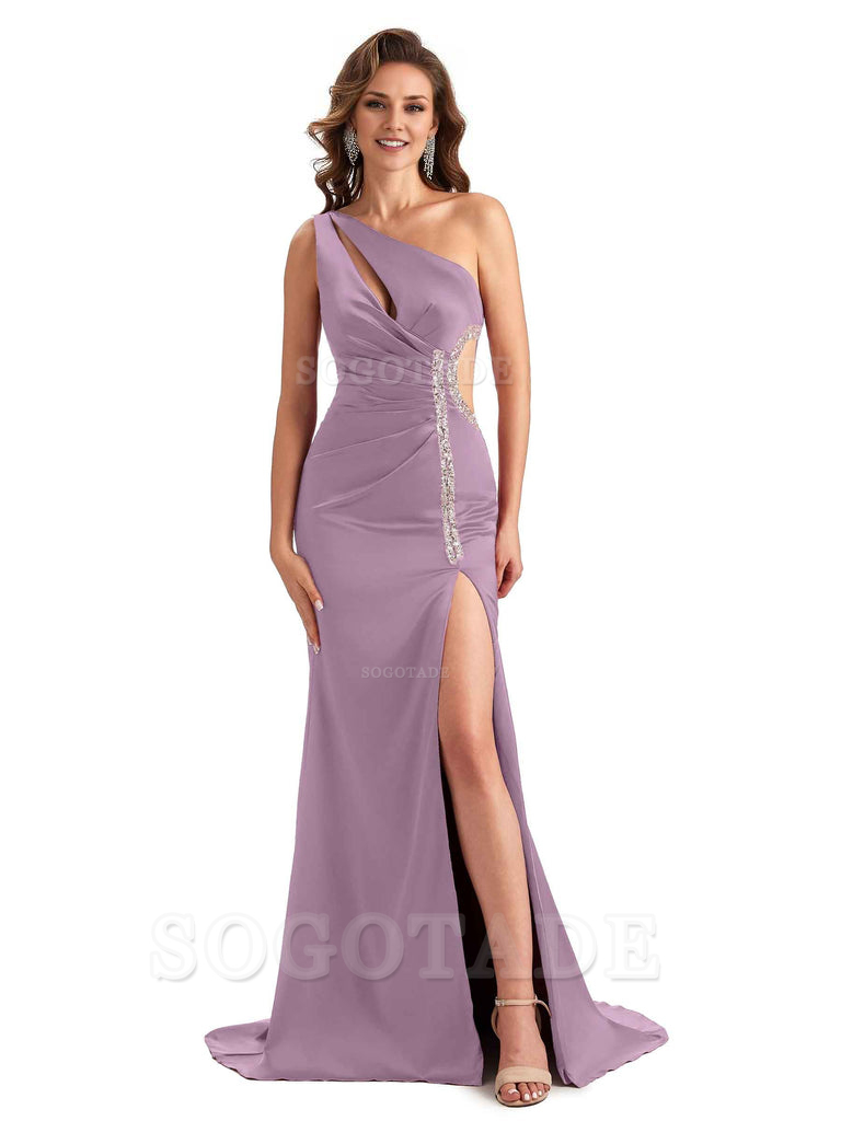 Sexy Side Slit Mermaid Soft Satin One Shoulder Lace Long Bridesmaid Dresses