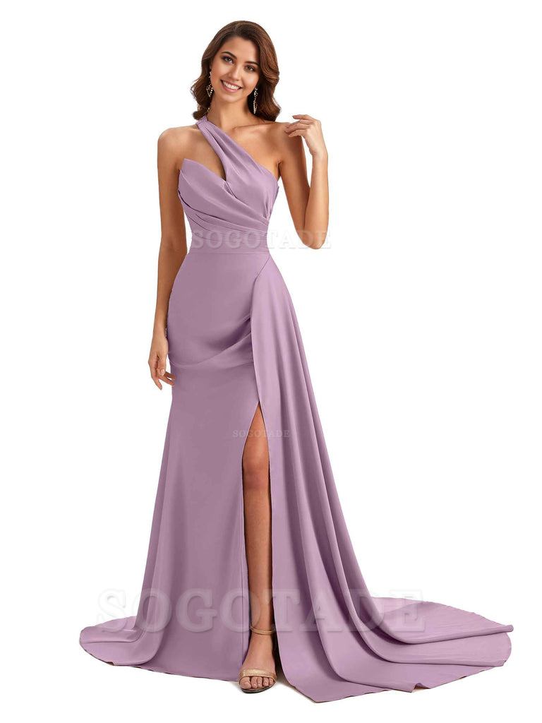 Mermaid One shoulder Satin formal dresses evening gown Bridesmaid Dresses With Side Slit 