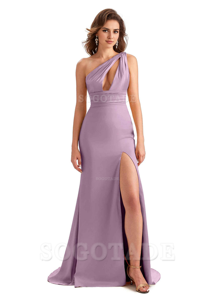 Charming Sexy Unique Side Slit Mermaid Silky One Shoulder Long Bridesmaid Dresses Formal Women's Dresses Wedding Guests Dresses