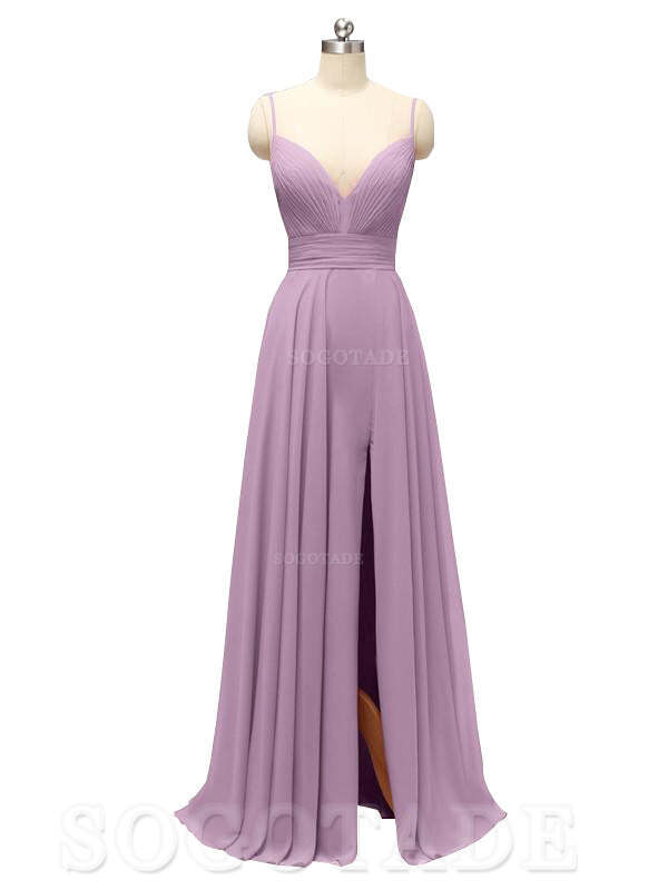 Honest Chiffon Spaghetti Straps Slit Long Bridesmaid Dresses prom shop dresses