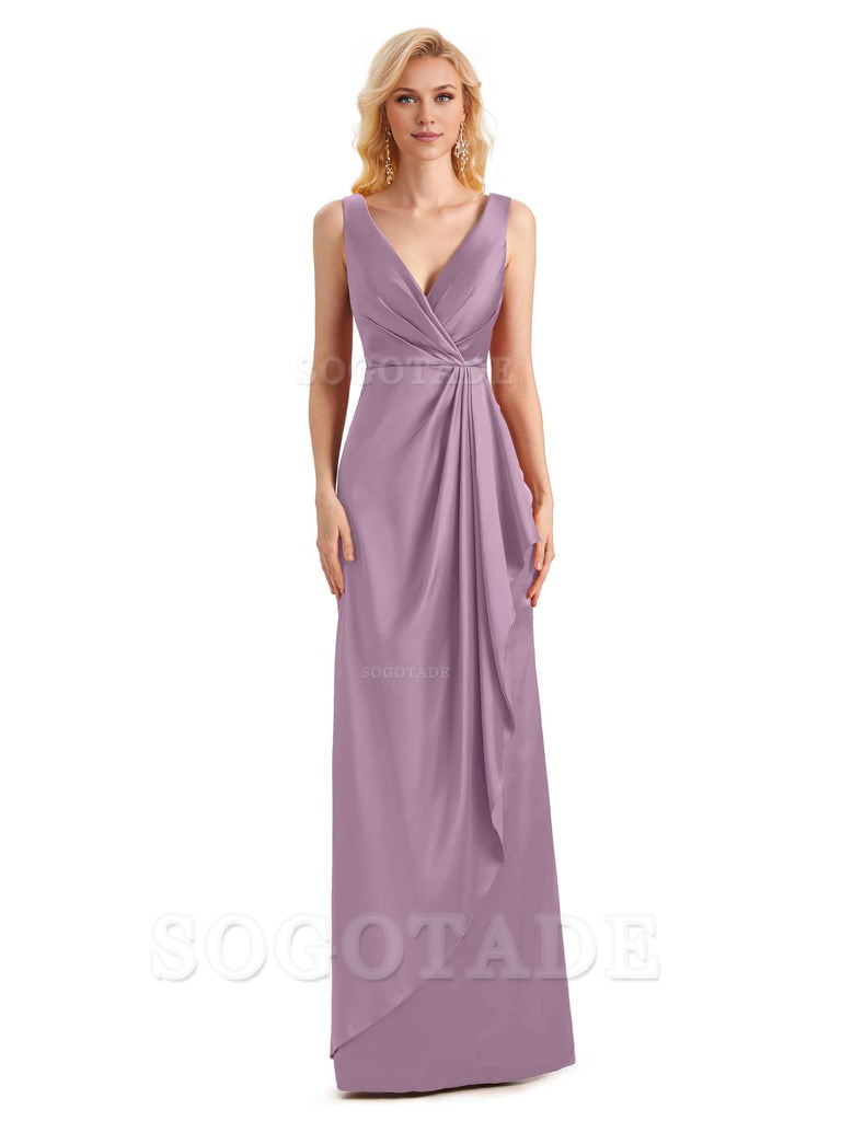 V Neck Elegant Soft Satin Formal Long Maid Bridesmaid Dresses Formal Wear Dresses