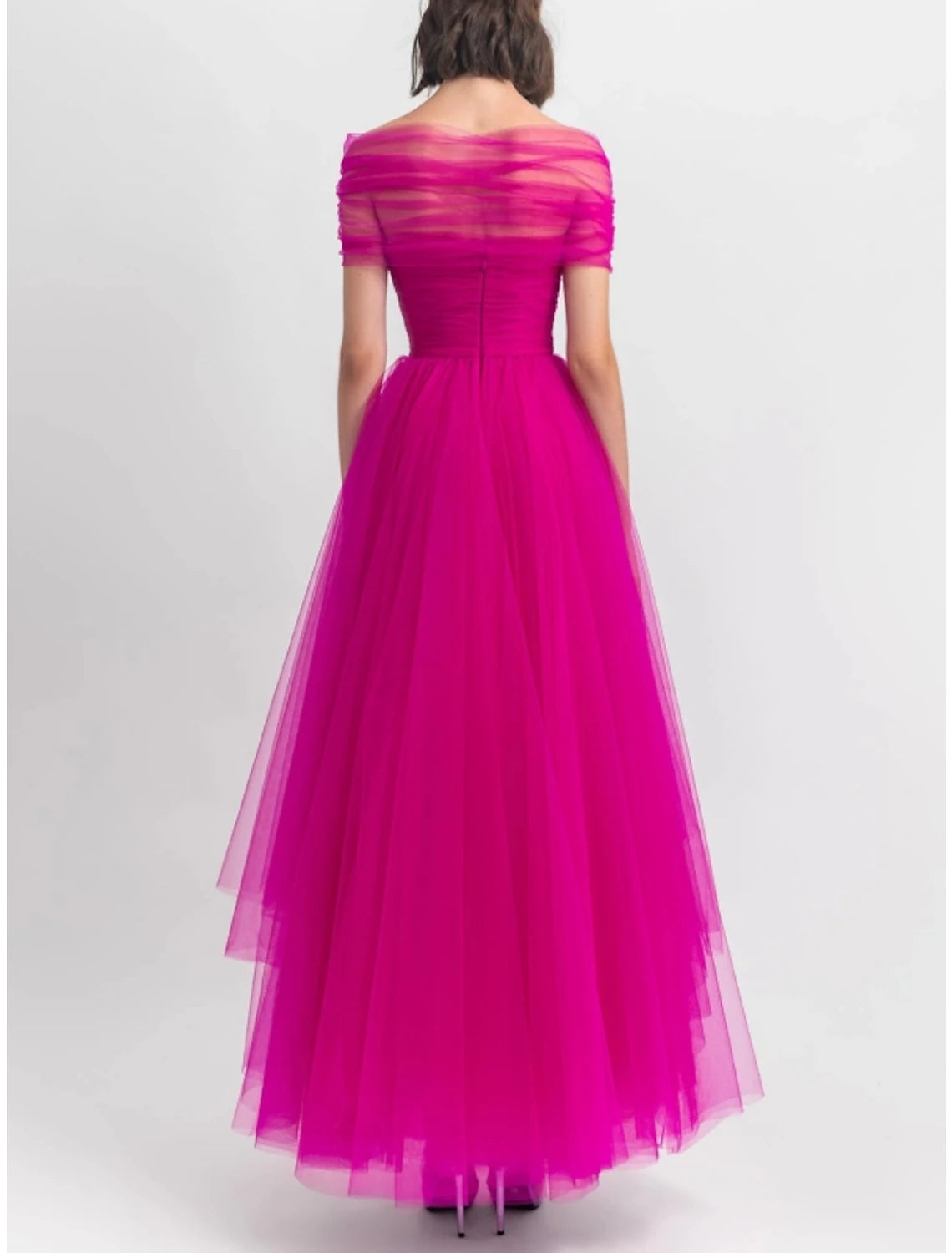 A-Line Evening Gown Party Dress Puffy Dress Formal Fall Ankle Length Short Sleeve Off Shoulder Tulle with Pleats Ruched 2024-SOGOTADE