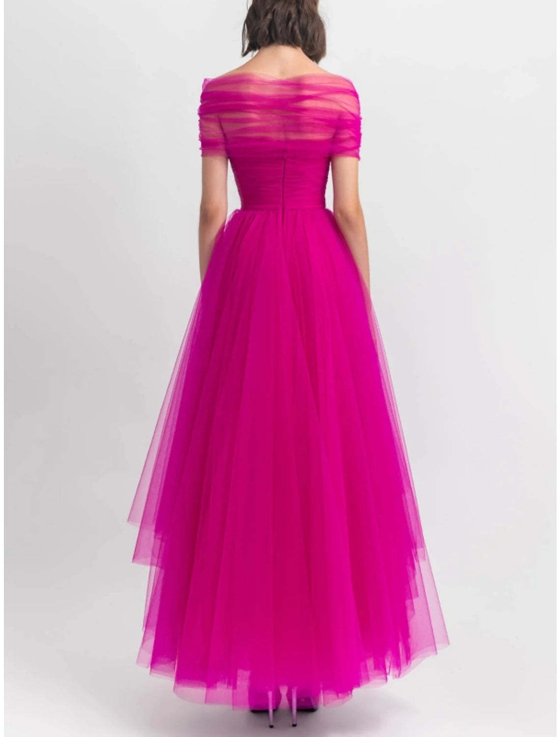 A-Line Evening Gown Party Dress Puffy Dress Formal Fall Ankle Length Short Sleeve Off Shoulder Tulle with Pleats Ruched 2024-SOGOTADE