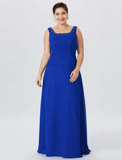 A-Line Mother of the Bride Dress Formal Classic & Timeless Elegant & Luxurious Plus Size Straps Floor Length Chiffon Lace Long Sleeve Wrap Included with Pearls Crystals-SOGOTADE