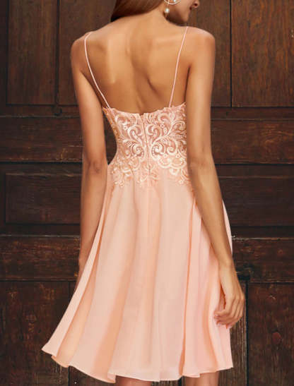 A-Line Cocktail Party Dress Plus Size Dress Homecoming Graduation Short / Mini Sleeveless V Neck Pink Dress Tulle with Appliques 2024-SOGOTADE