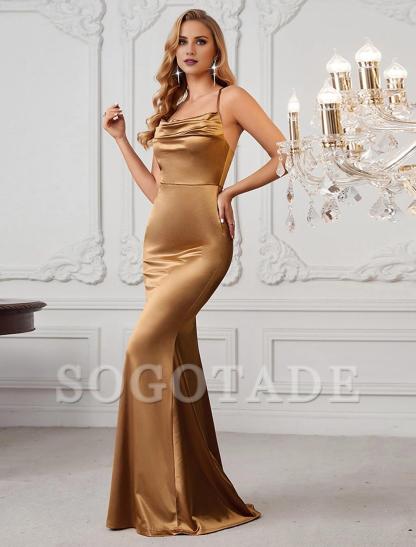 Mermaid / Trumpet Party Dresses Sexy Dress Wedding Party Semi Formal Floor Length Sleeveless Spaghetti Strap Stretch Satin with Ruched