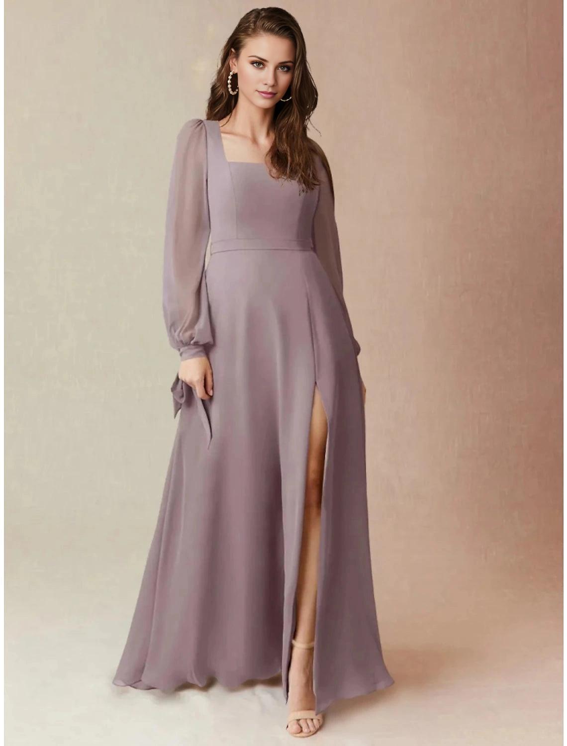 A-Line Bridesmaid Dress Square Neck Long Sleeve Elegant Floor Length Chiffon with Split Front / Ruching-SOGOTADE