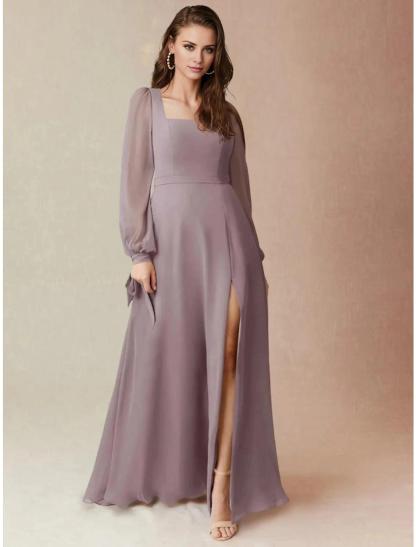 A-Line Bridesmaid Dress Square Neck Long Sleeve Elegant Floor Length Chiffon with Split Front / Ruching-SOGOTADE