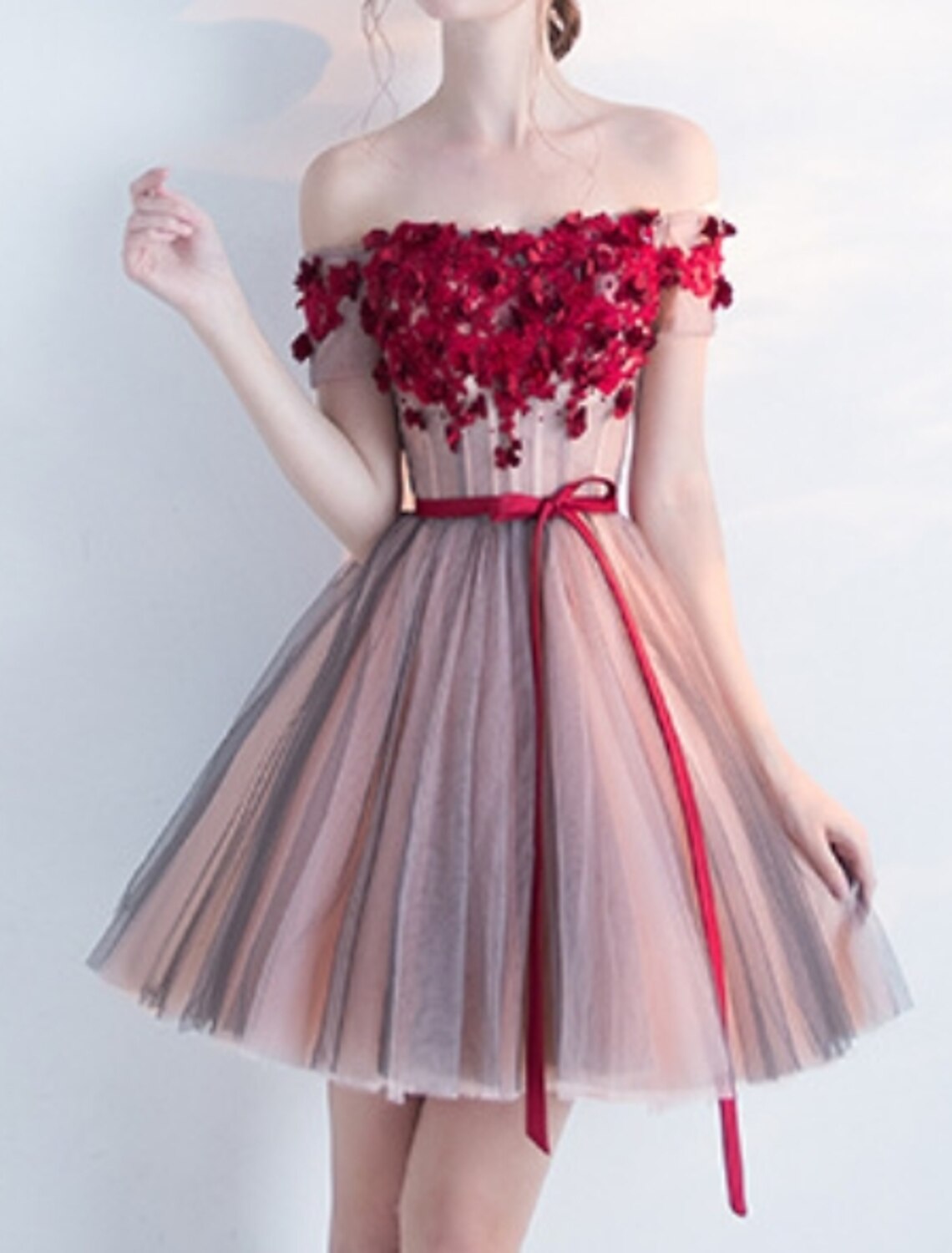 A-Line Cocktail Dresses Party Dress Valentine's Day Homecoming Short / Mini Short Sleeve Off Shoulder Pink Dress Tulle with Bow(s) Appliques-SOGOTADE