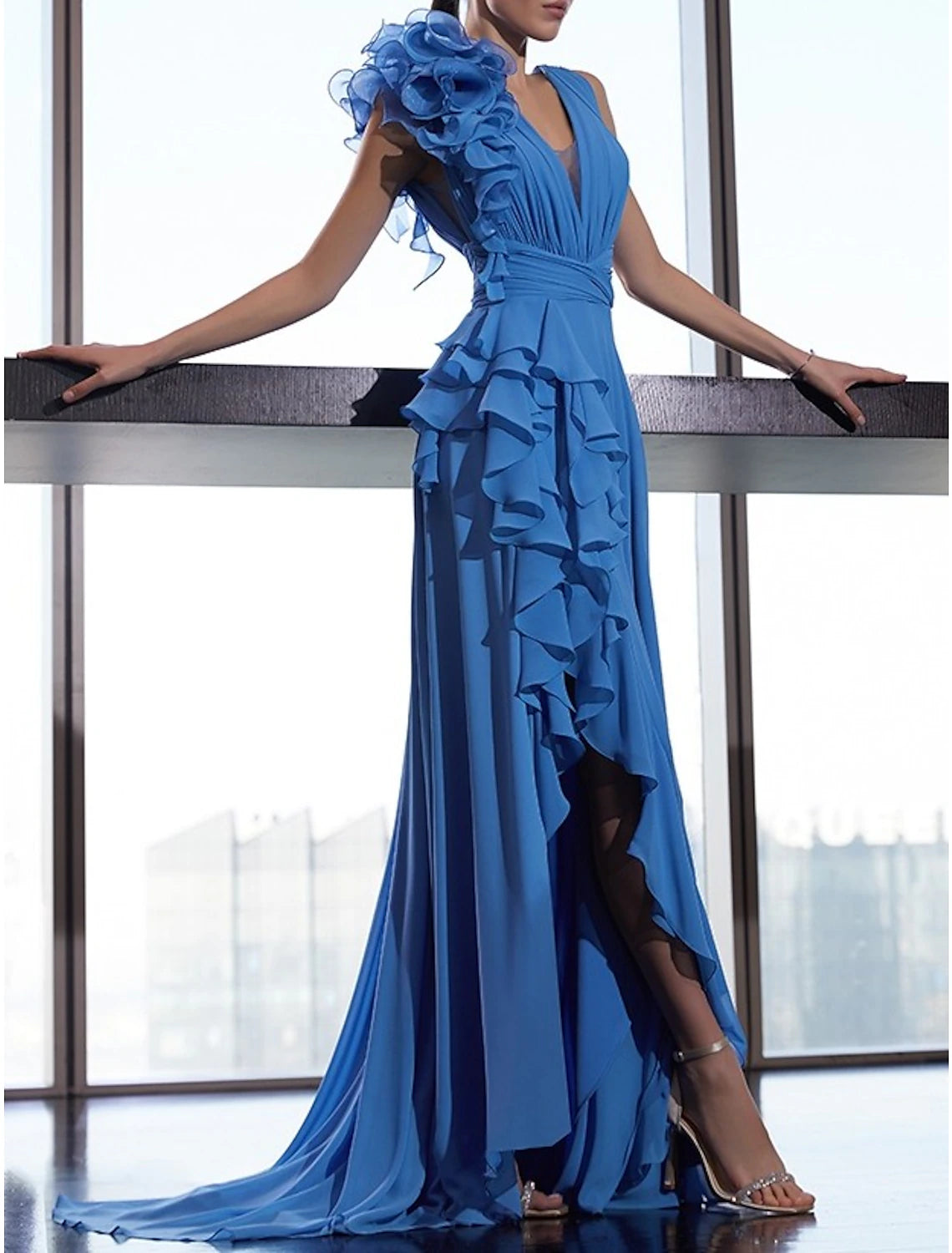 A-Line Evening Gown Floral Dress Formal Prom Court Train Sleeveless V Neck Fall Wedding Guest Chiffon with Ruffles Shouder Flower-SOGOTADE