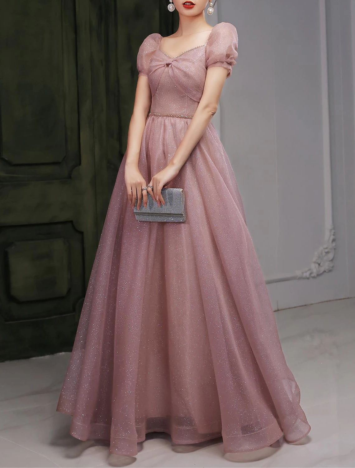 A-Line Beautiful Back Elegant Prom Formal Evening Birthday Dress Sweetheart Neckline Short Sleeve Floor Length Lace with Beading 2024 / Puff Balloon Sleeve-SOGOTADE