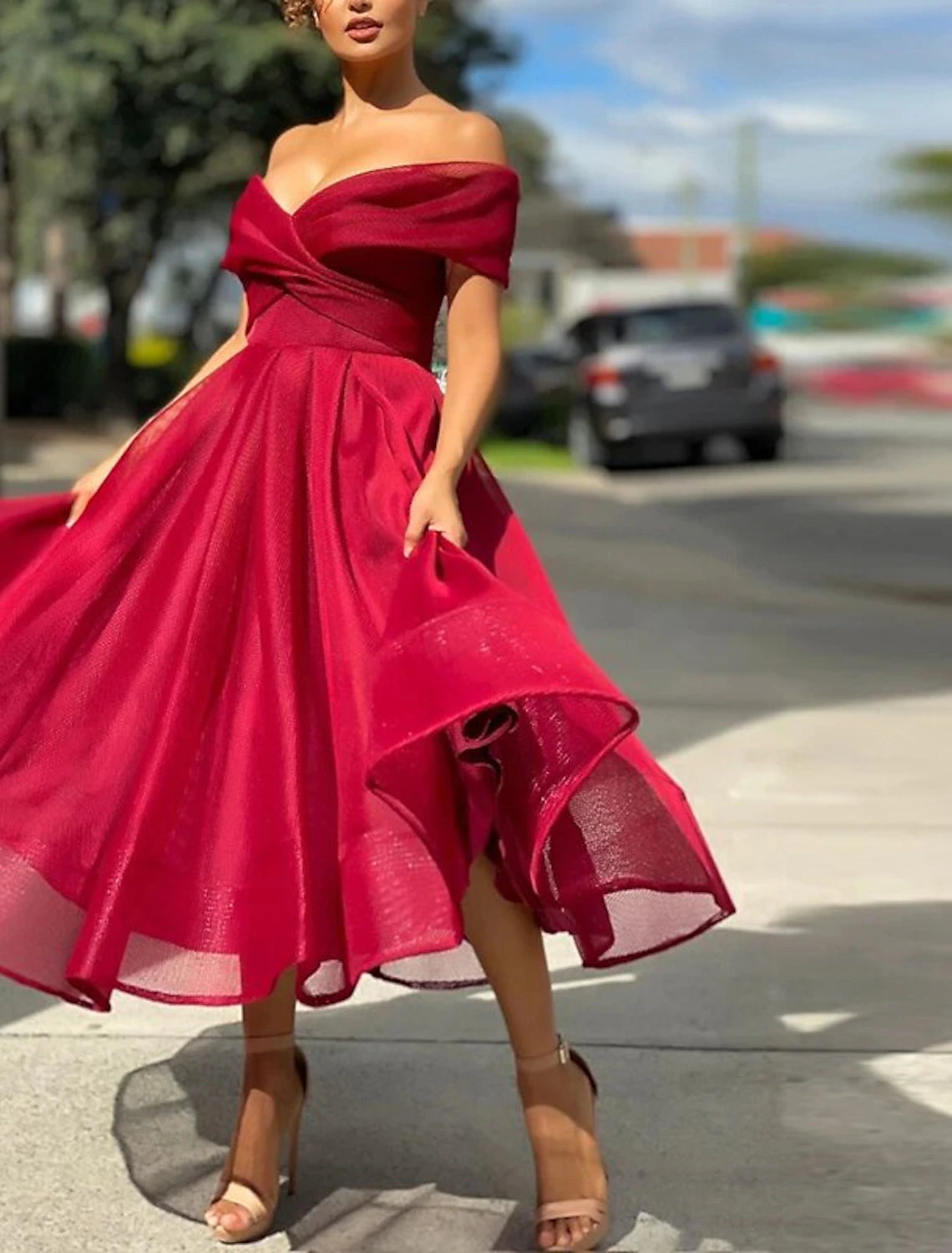 A-Line Cocktail Dresses Vintage Dress Wedding Guest Christmas Red Green Dress Tea Length Sleeveless Off Shoulder Tulle with Pleats 2024-SOGOTADE
