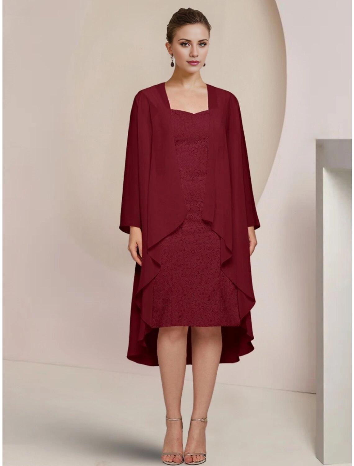 A-Line Mother of the Bride Dress Wedding Guest Elegant Petite Square Neck Knee Length Chiffon Long Sleeve with Ruching Solid Color-SOGOTADE