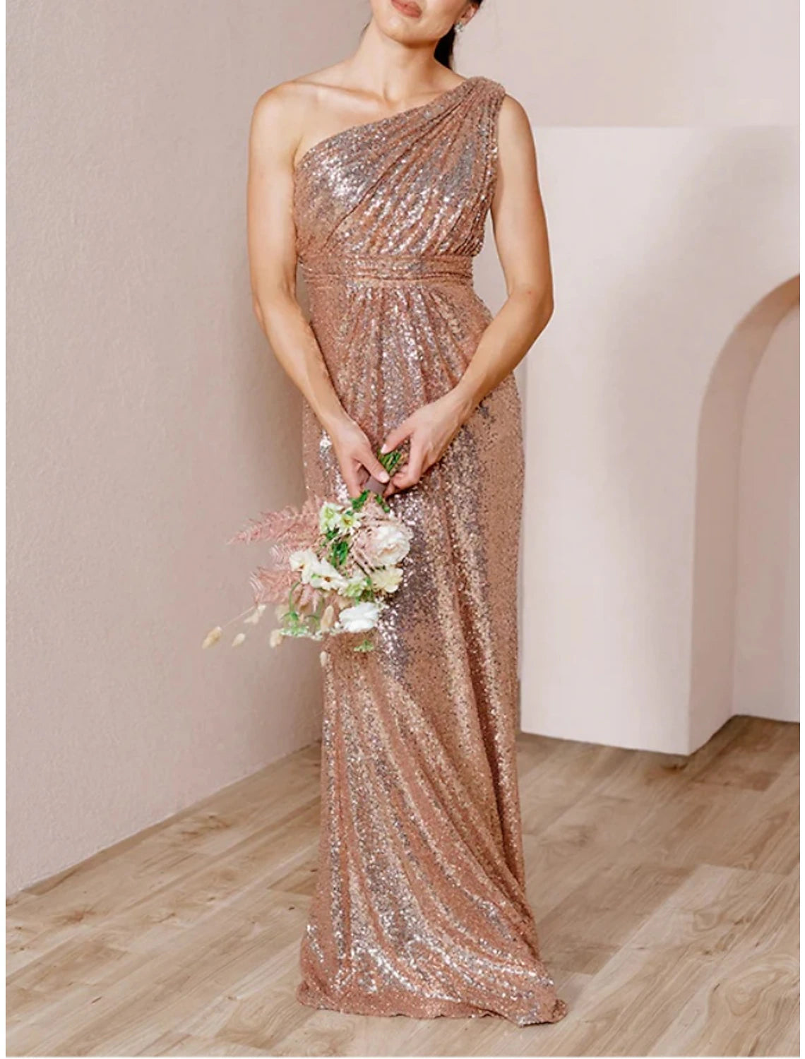 A-Line Bridesmaid Dress One Shoulder Sleeveless Glitter & Sparkle Sweep / Brush Train Sequined with Ruching-SOGOTADE