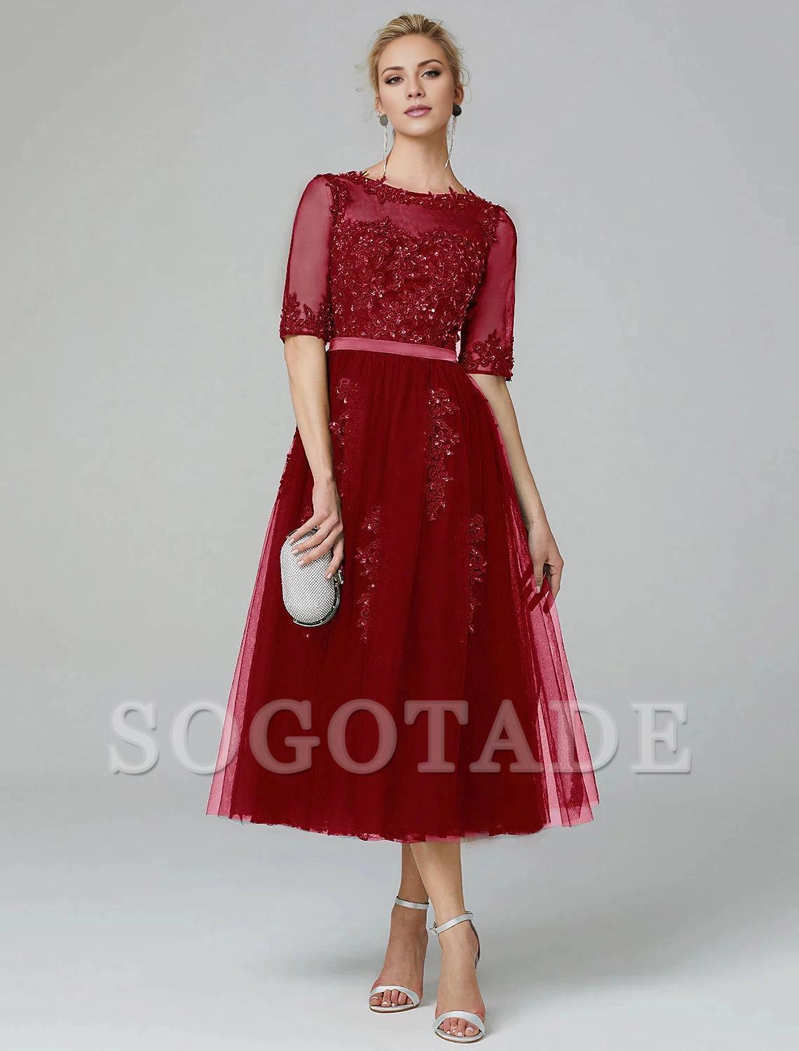 A-Line Cocktail Dress Christmas Red Green Dress Formal Evening Kentucky Derby Tea Length Sleeveless Illusion Neck Fall Wedding Guest Lace Over Tulle with Sequin Appliques-SOGOTADE