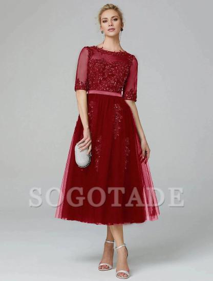 A-Line Cocktail Dress Christmas Red Green Dress Formal Evening Kentucky Derby Tea Length Sleeveless Illusion Neck Fall Wedding Guest Lace Over Tulle with Sequin Appliques-SOGOTADE