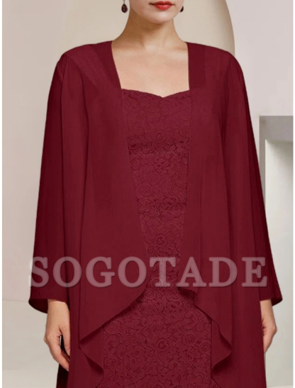 A-Line Mother of the Bride Dress Wedding Guest Elegant Petite Square Neck Knee Length Chiffon Long Sleeve with Ruching Solid Color-SOGOTADE