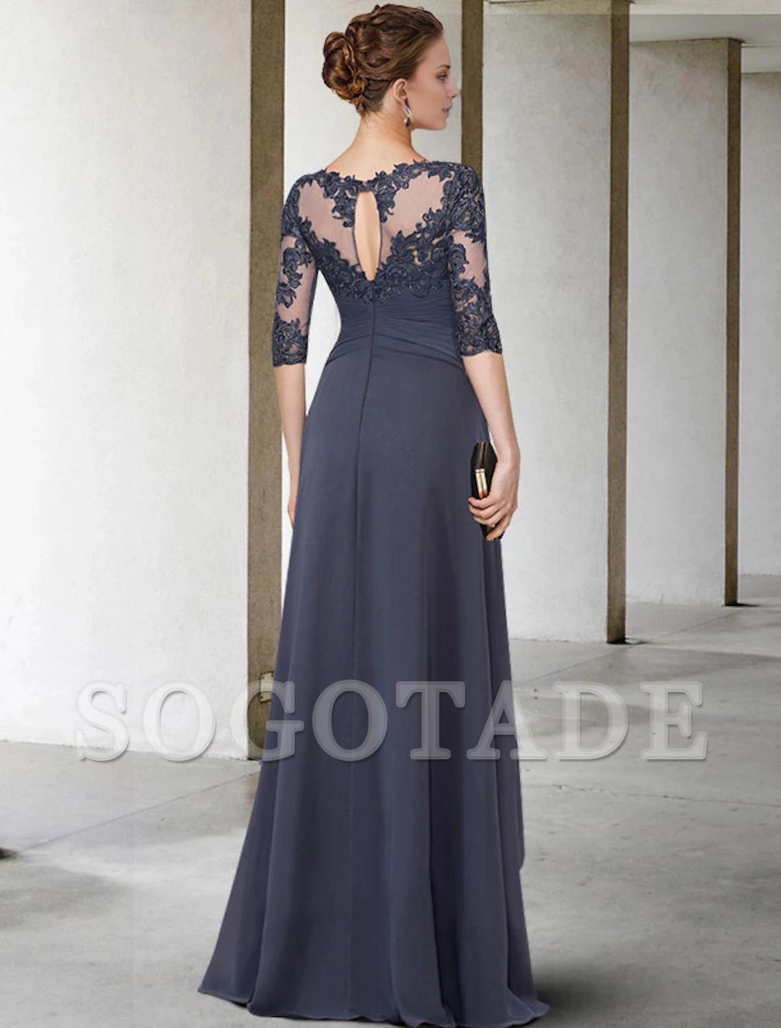A-Line Mother of the Bride Dress Plus Size Elegant Jewel Neck Floor Length Chiffon Lace 3/4 Length Sleeve with Pleats Ruched Appliques-SOGOTADE