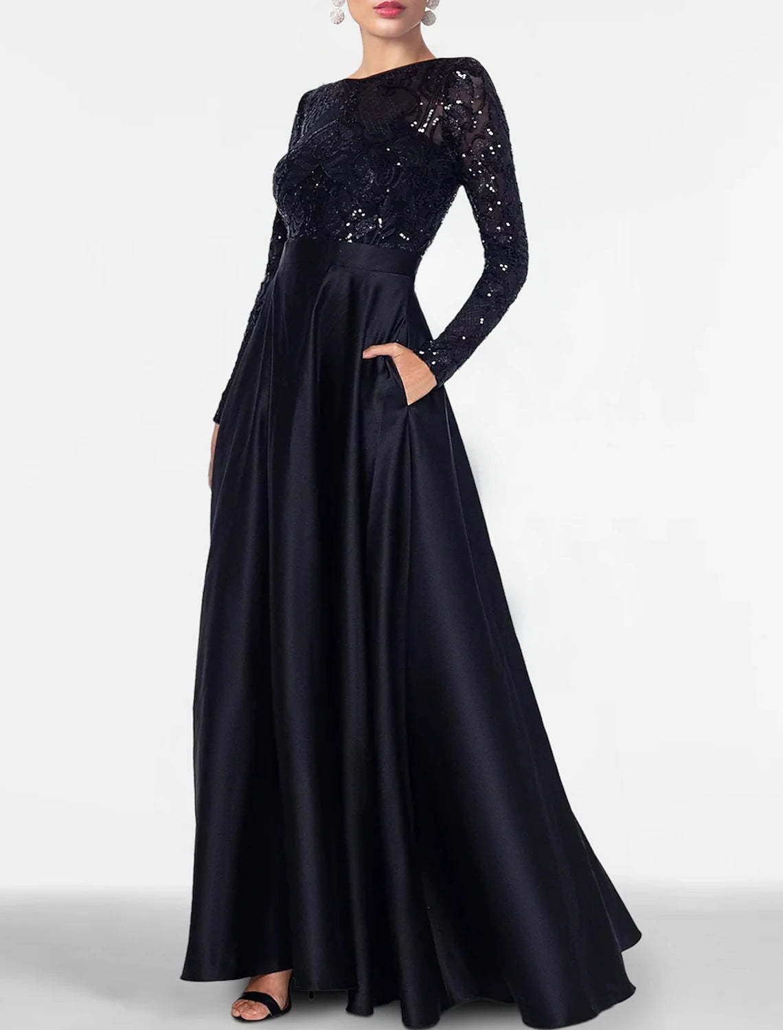 A-Line Evening Gown Elegant Black Dress Plus Size Formal Sequin Satin Dress Black Tie Floor Length Long Sleeve Off Shoulder Fall Wedding Guest with Slit Pocket 2024-SOGOTADE