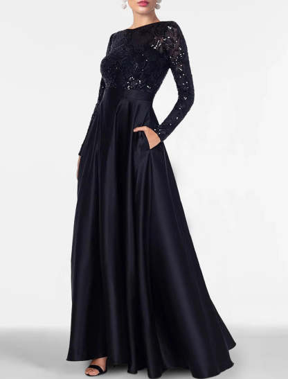 A-Line Evening Gown Elegant Black Dress Plus Size Formal Sequin Satin Dress Black Tie Floor Length Long Sleeve Off Shoulder Fall Wedding Guest with Slit Pocket 2024-SOGOTADE
