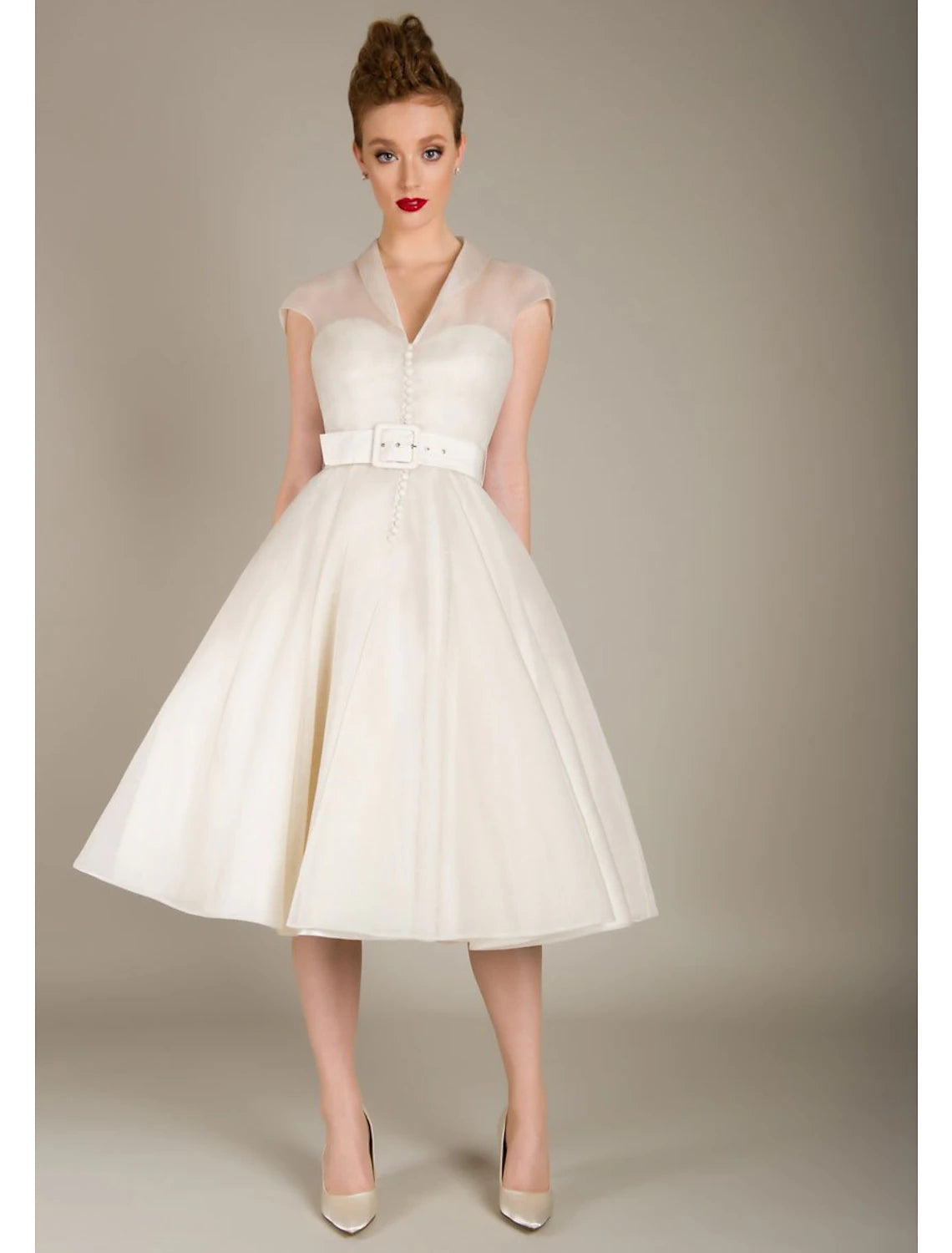 A-Line Cocktail Dresses 1950s Dress Graduation Cocktail Party Knee Length Sleeveless V Neck Wednesday Addams Family Tulle with Sash / Ribbon-SOGOTADE