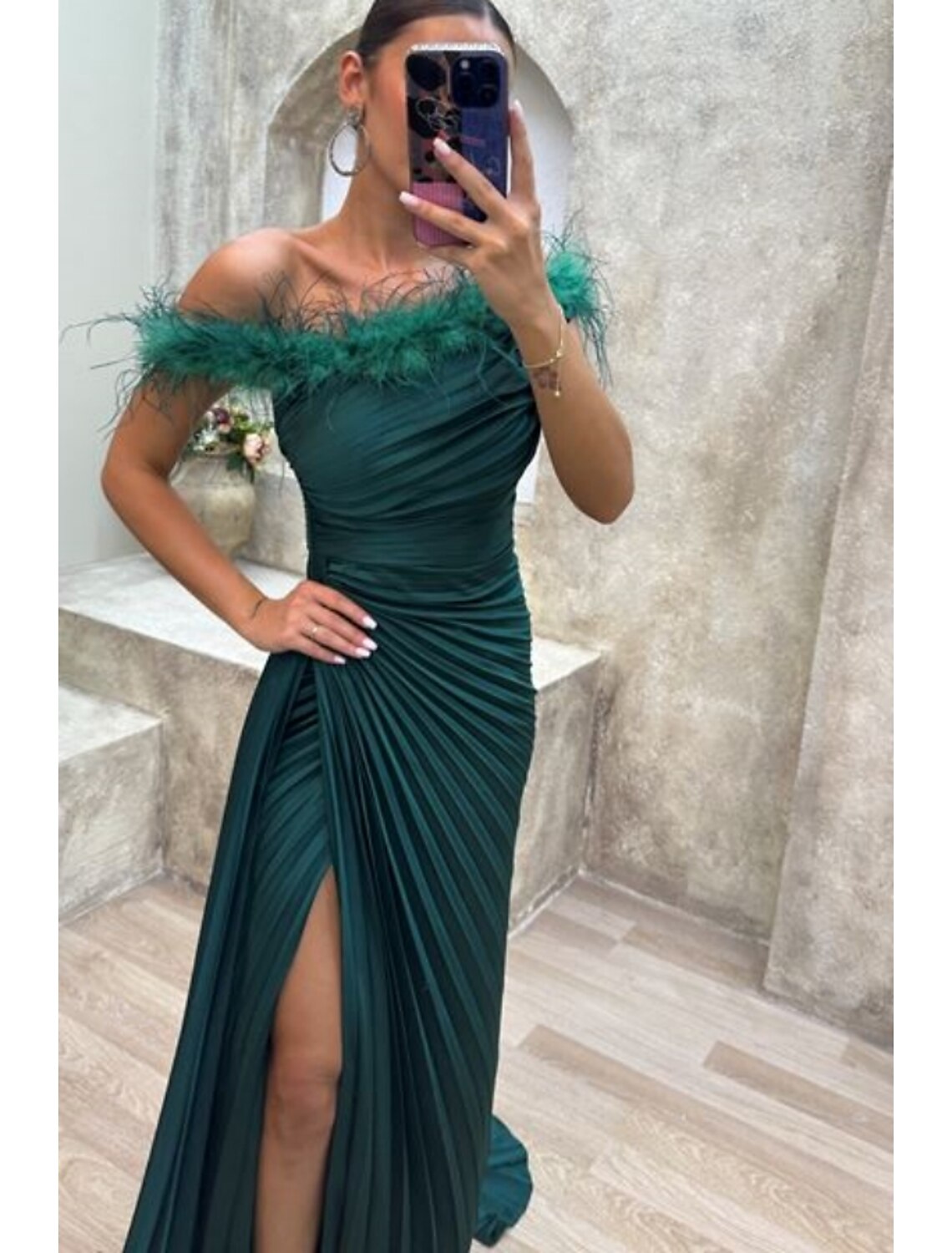 A-Line Black Evening Gown High Split Dress Formal Fall Sweep / Brush Train Sleeveless Off Shoulder Satin with Feather Pleats Slit-SOGOTADE