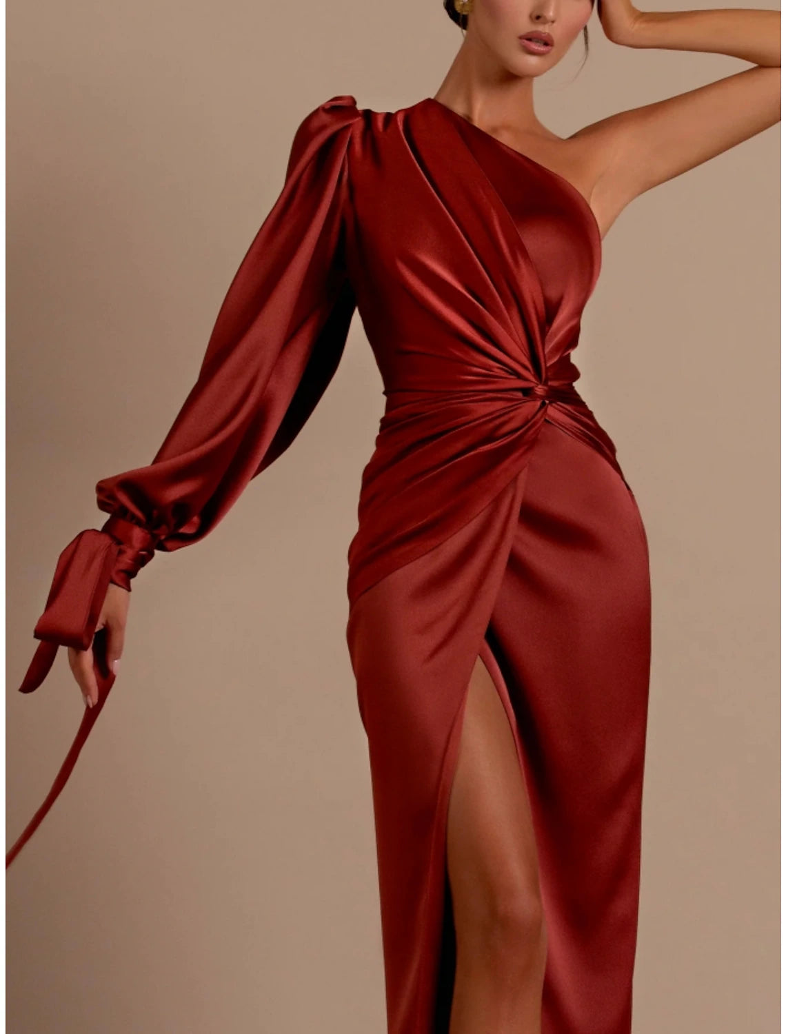 A-Line Evening Gown Elegant Dress Formal Sweep / Brush Christmas Red Green Dress Train Long Sleeve One Shoulder Satin with Feather Ruched Strappy 2024-SOGOTADE