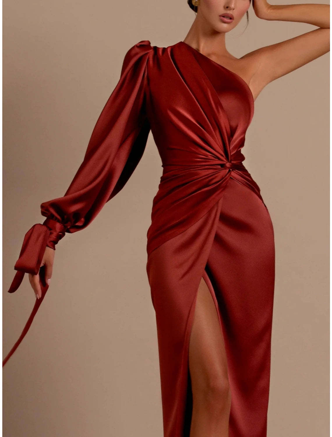 A-Line Evening Gown Elegant Dress Formal Sweep / Brush Christmas Red Green Dress Train Long Sleeve One Shoulder Satin with Feather Ruched Strappy 2024-SOGOTADE