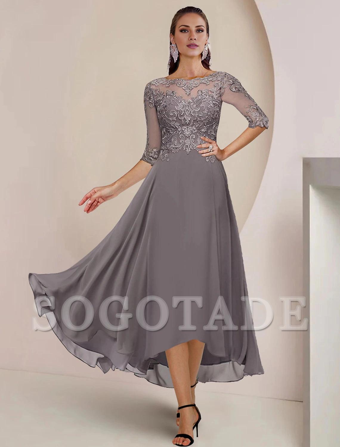 A-Line Mother of the Bride Dress Formal Wedding Guest Elegant High Low Scoop Neck Asymmetrical Tea Length Chiffon Lace Half Sleeve with Pleats Appliques-SOGOTADE