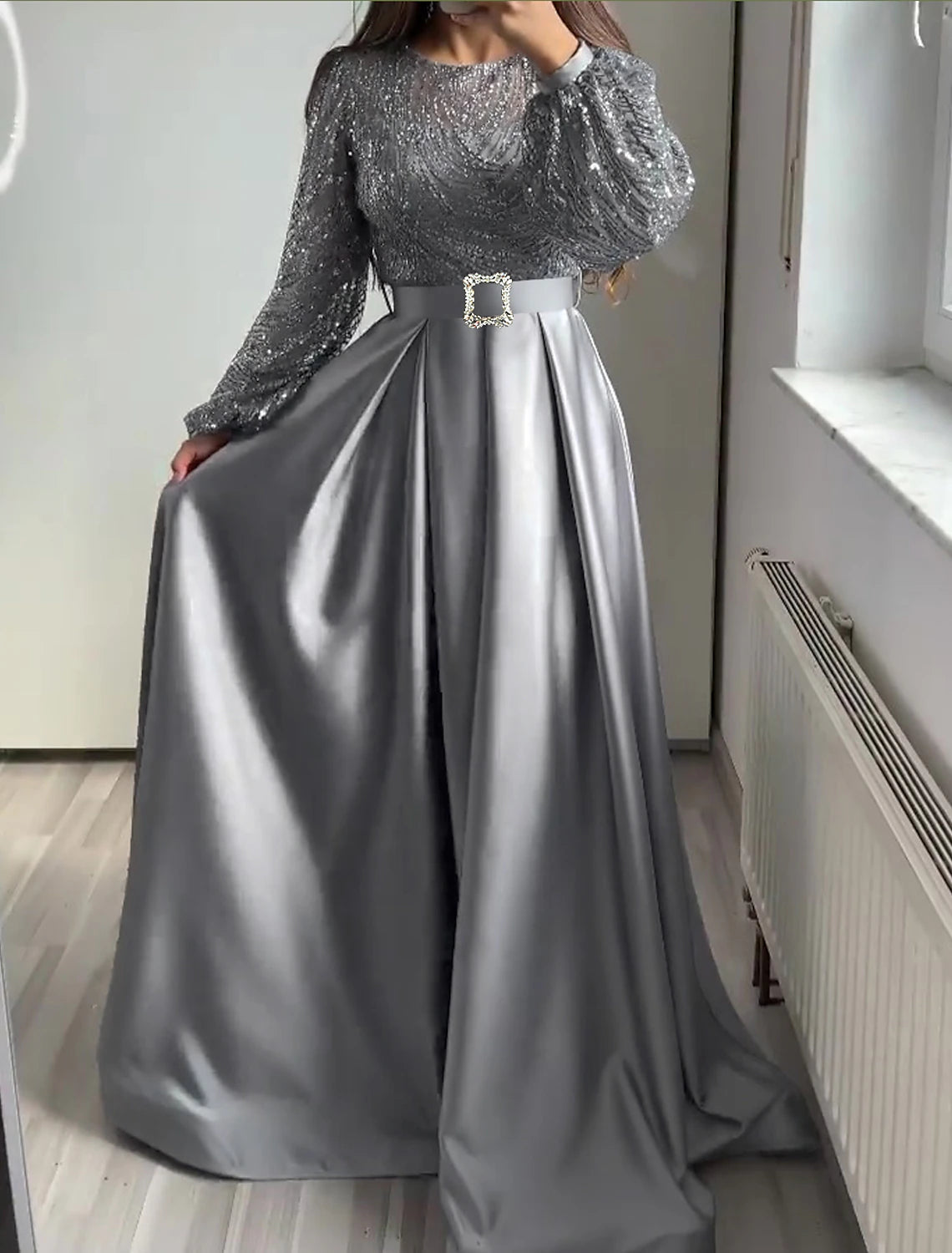 A-Line Evening Gown Elegant Dress Wedding Black Tie Floor Length Long Sleeve Jewel Neck Fall Wedding Guest Satin with Sequin-SOGOTADE