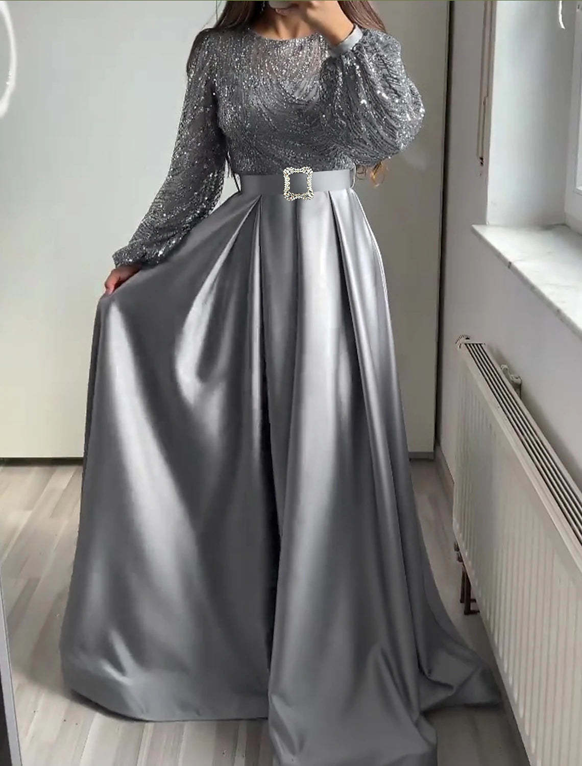 A-Line Evening Gown Elegant Dress Wedding Black Tie Floor Length Long Sleeve Jewel Neck Fall Wedding Guest Satin with Sequin-SOGOTADE