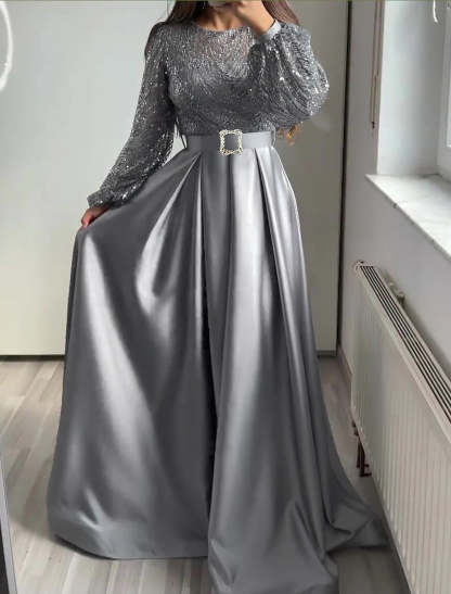A-Line Evening Gown Elegant Dress Wedding Black Tie Floor Length Long Sleeve Jewel Neck Fall Wedding Guest Satin with Sequin-SOGOTADE