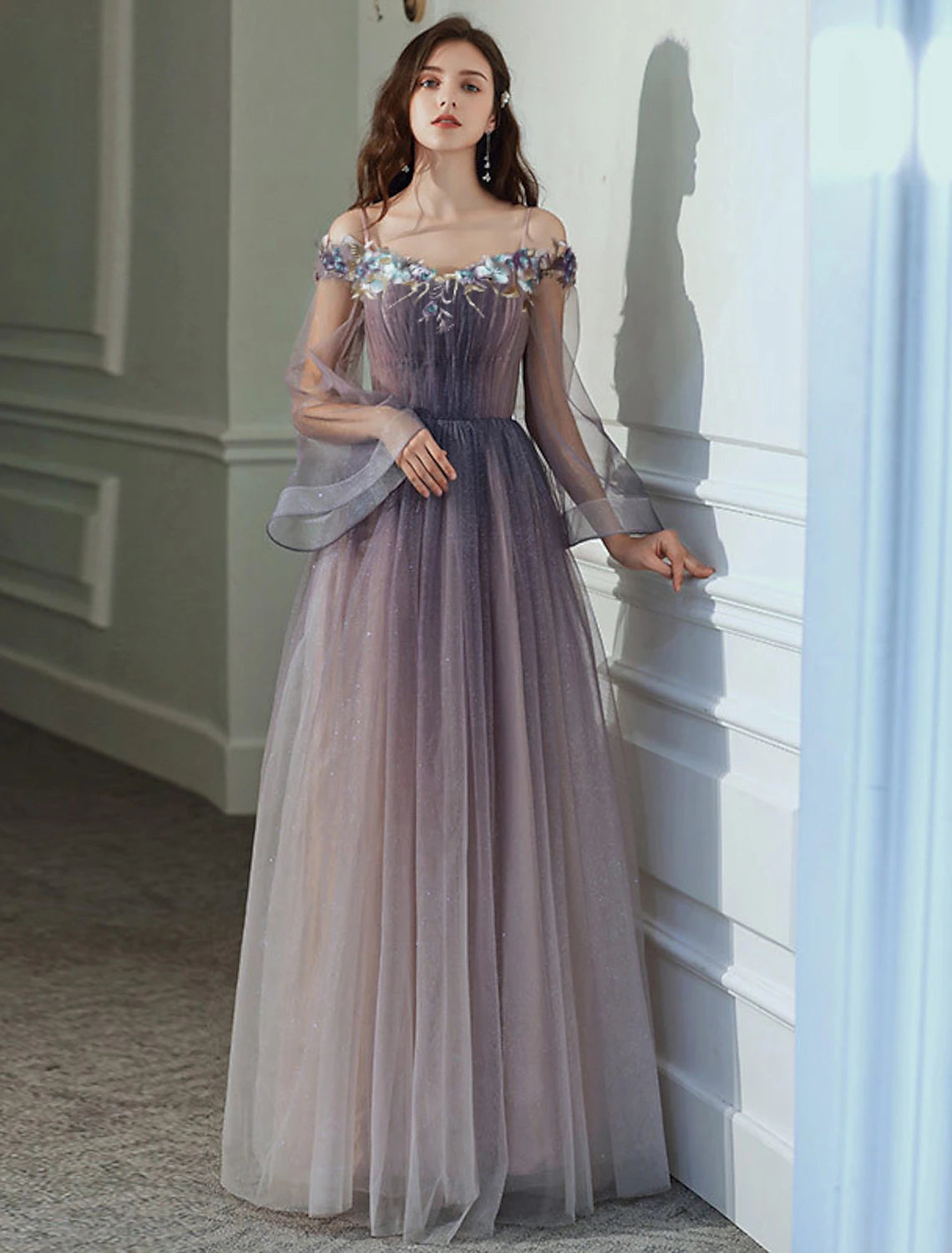 A-Line Minimalist Elegant Party Wear Prom Dress Off Shoulder Long Sleeve Floor Length Tulle with Appliques-SOGOTADE