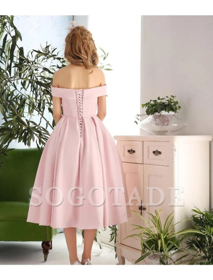 A-Line Cocktail Dresses Vintage Dress Engagement Cocktail Party Tea Length Sleeveless Off Shoulder Stretch Fabric with Pleats-SOGOTADE