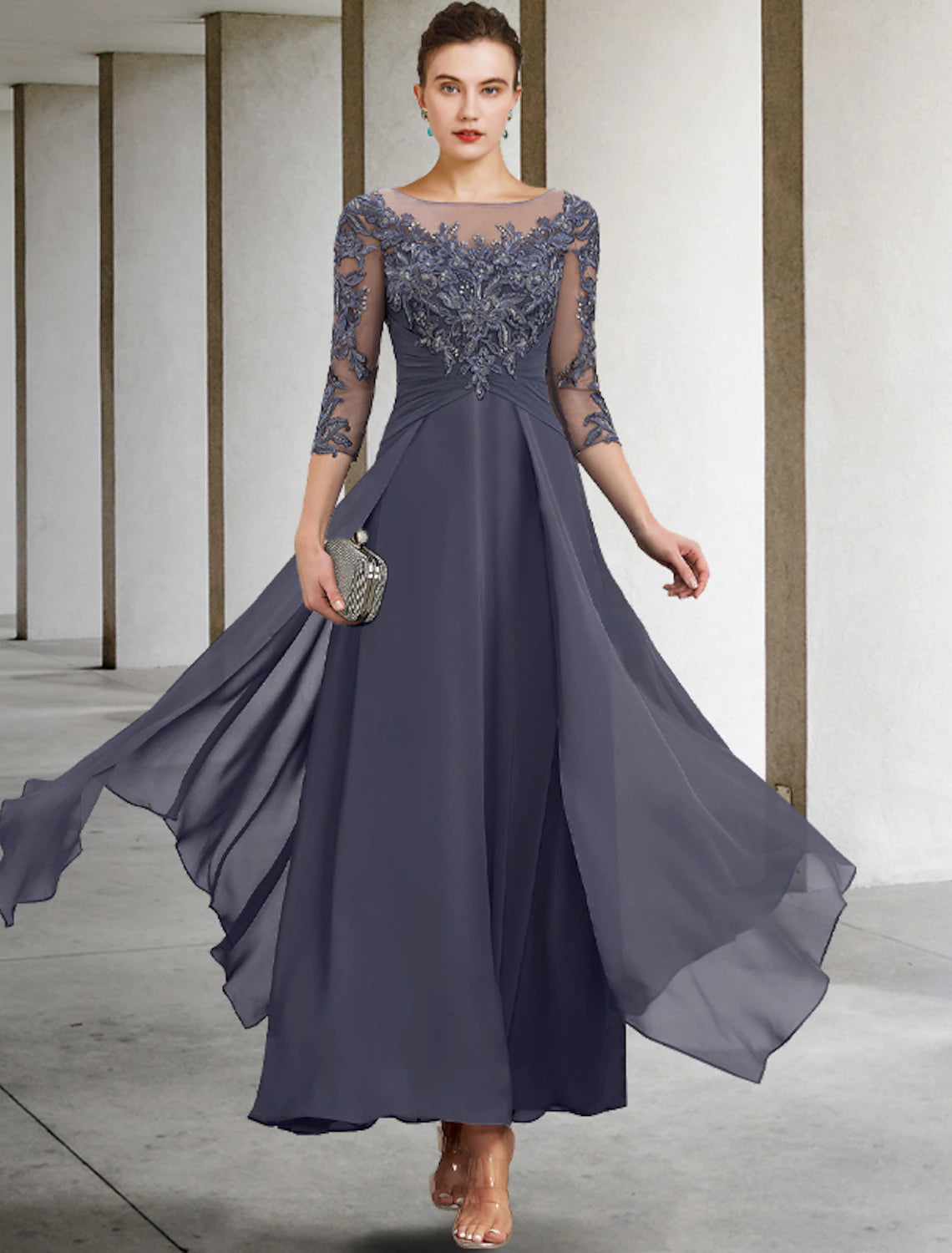 A-Line Mother of the Bride Dress Wedding Guest Elegant Plus Size Jewel Neck Ankle Length Chiffon Lace 3/4 Length Sleeve with Ruched Sequin Appliques-SOGOTADE