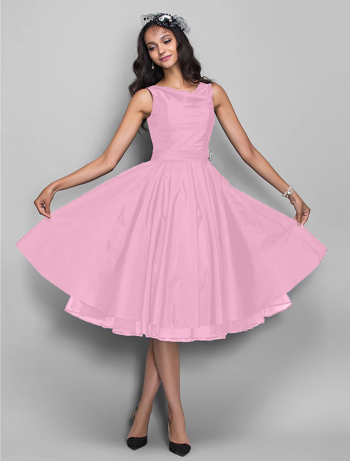 A-Line Cocktail Black Dress Plus Size Vintage Dress Halloween Wedding Guest Knee Length Sleeveless V Neck Taffeta with Pleats Crystals 2024-SOGOTADE