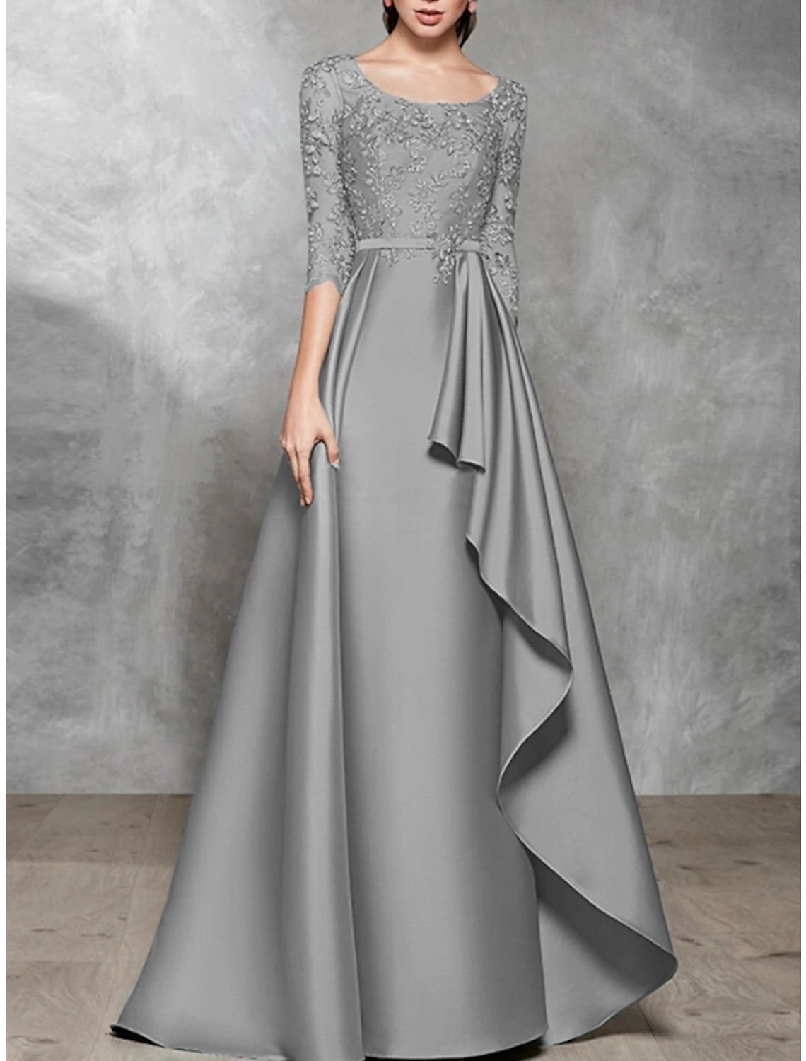 A-Line Evening Gown Black Dress Plus Size Elegant Dress Formal Wedding Floor Length Half Sleeve Scoop Neck Satin with Pleats 2024-SOGOTADE