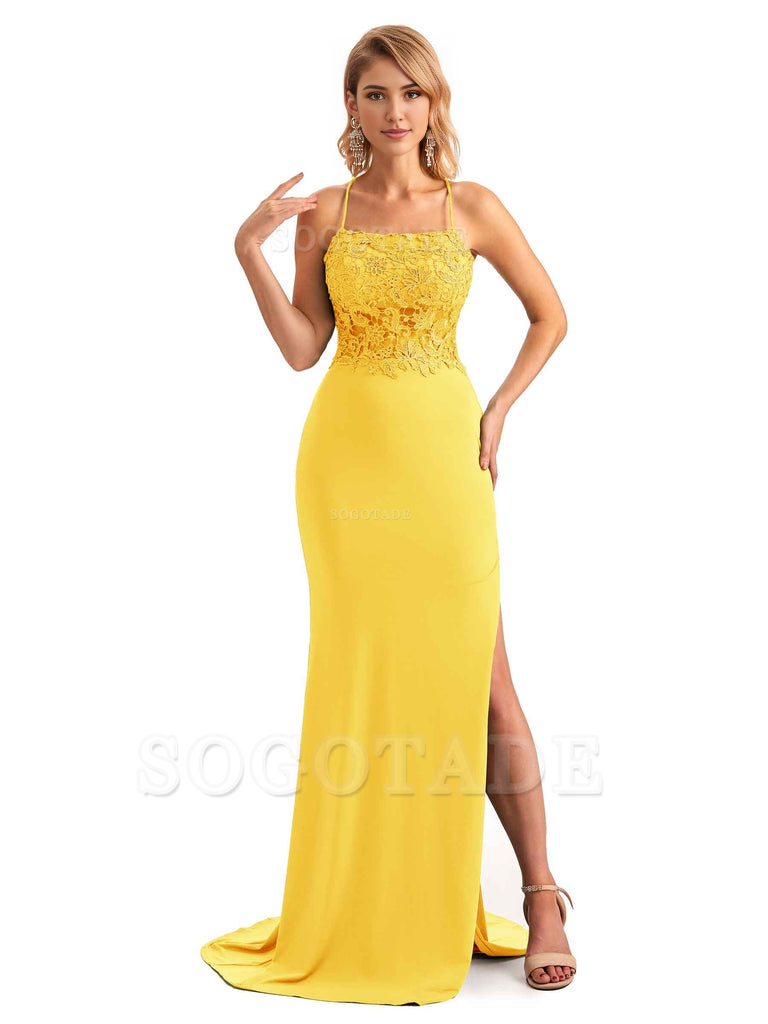 Sexy Side Slit Spaghetti Straps Open Back Mermaid Lace Applique Long Formal Bridesmaid Dresses